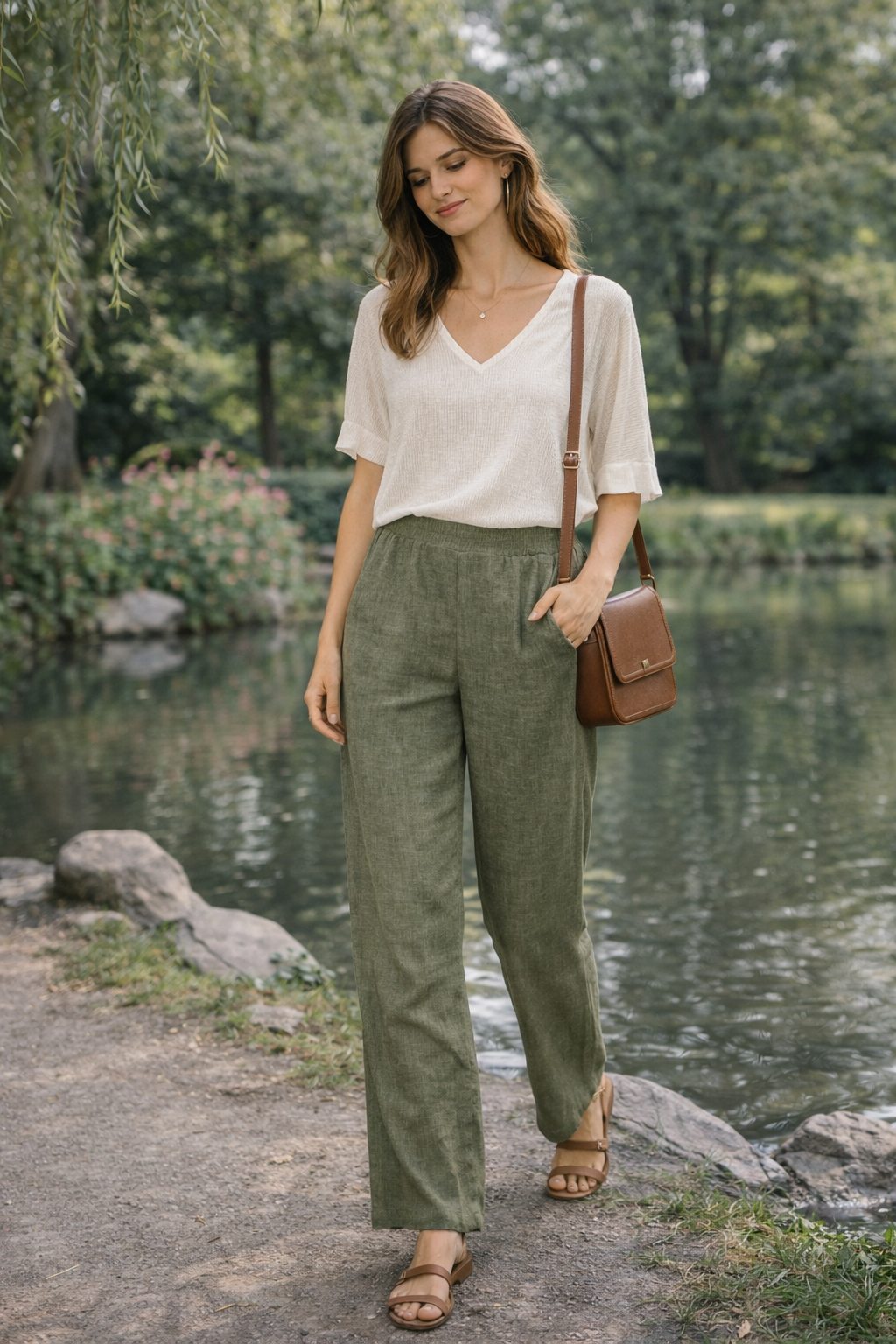 Sorbet SBLIAMO Leinenhose mit weitem Bein – Salbeigrün