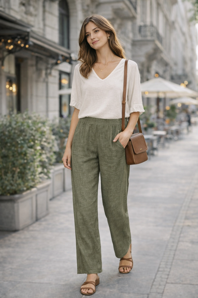 Sorbet SBLIAMO Leinenhose mit weitem Bein – Salbeigrün