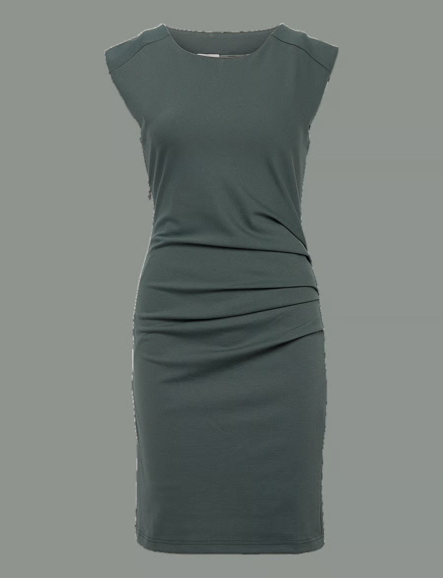 Kaffe KAindia Bodycon-Kleid mit Raffung seitlich, Balsamgrün – Rundhals, kurze Ärmel, knielang | Damen