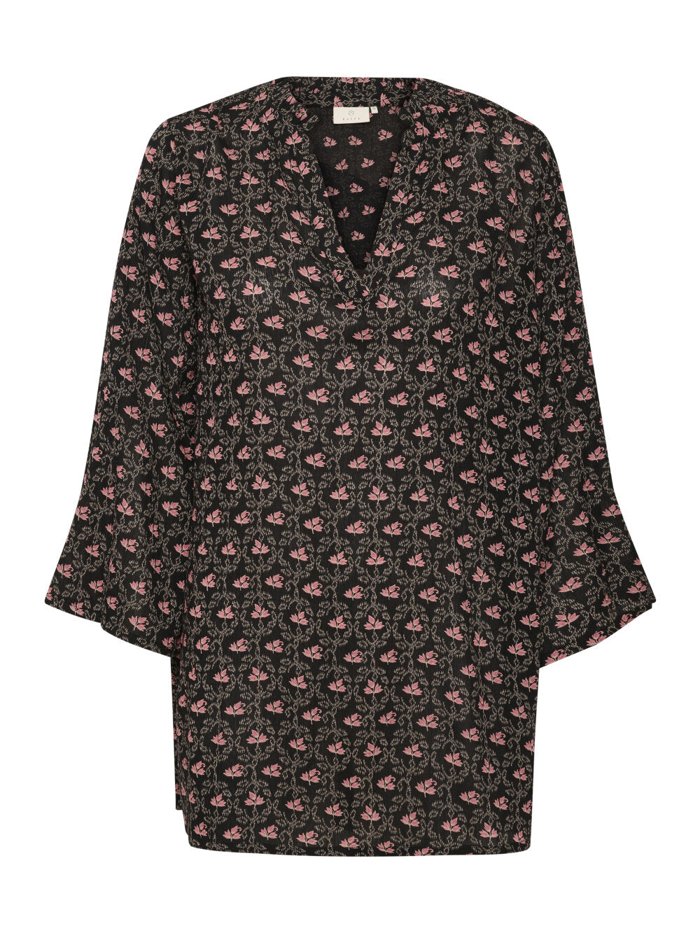 Kaffe KAamber Tunika Schwarz Rosa Blumendruck – V-Ausschnitt Rüschenärmel Relaxed Fit | Damen