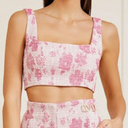 Marciano by Guess Avah Pink Floral Tweed Crop Top – eckiger Ausschnitt | ärmellos