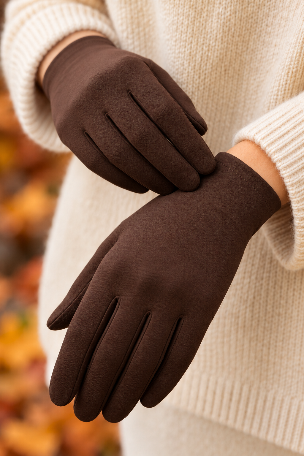 Close-up of MSCH Riin gloves in Army being adjusted at the wrist, showing the smooth fabric, finger seams and slim cuffs.