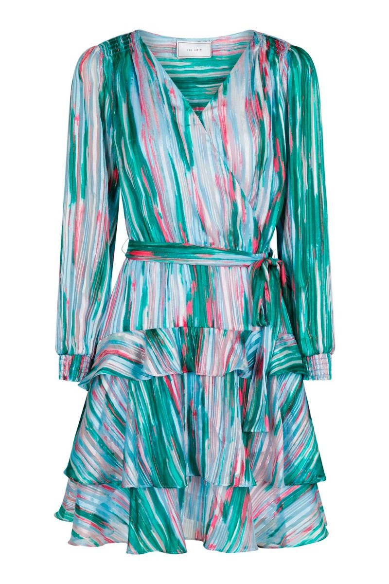 Neo Noir Dennie Blurred Stripe Green Mini Dress – Gestuftes Rüschenwickelkleid | Damen