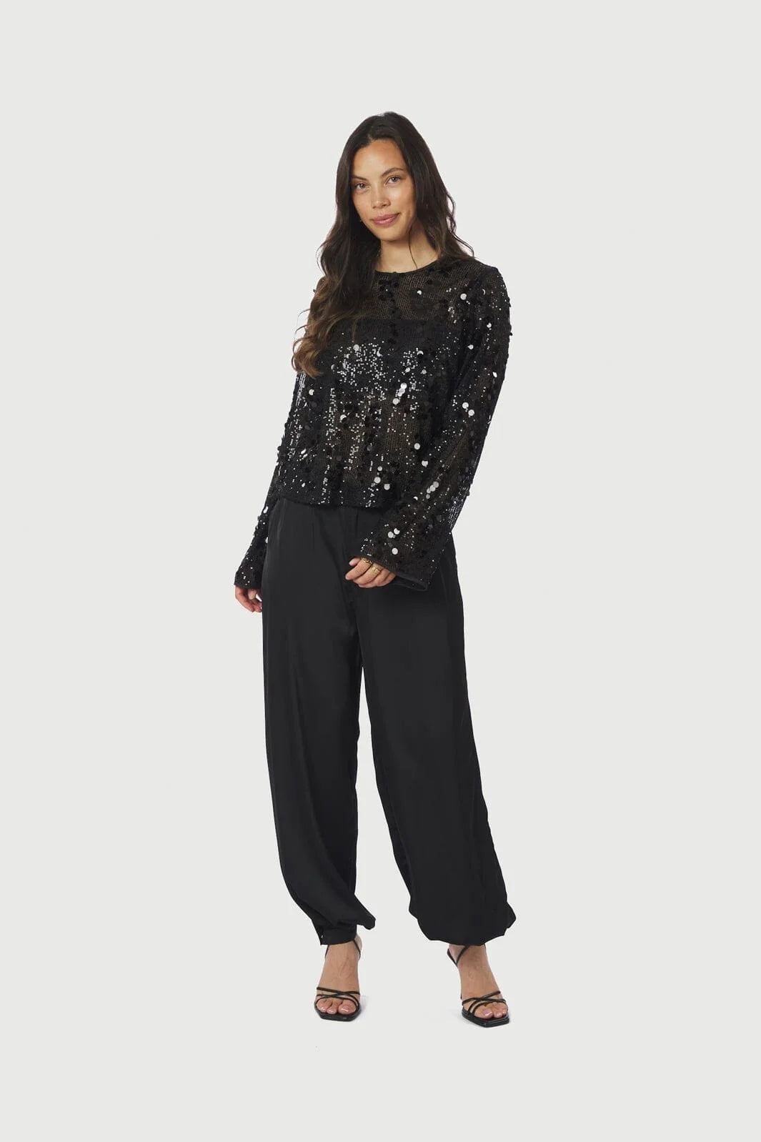 Neo Noir Blake Black Pailletten-Bluse – Transparente Mesh Langarmbluse | Damen