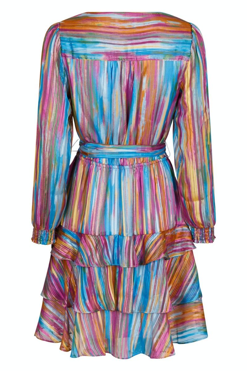 Neo Noir Dennie Blurred Stripe Regenbogen-Minikleid – gestufte Rüschenwickelgürtel | Damen