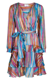 Neo Noir Dennie Blurred Stripe Regenbogen-Minikleid – gestufte Rüschenwickelgürtel