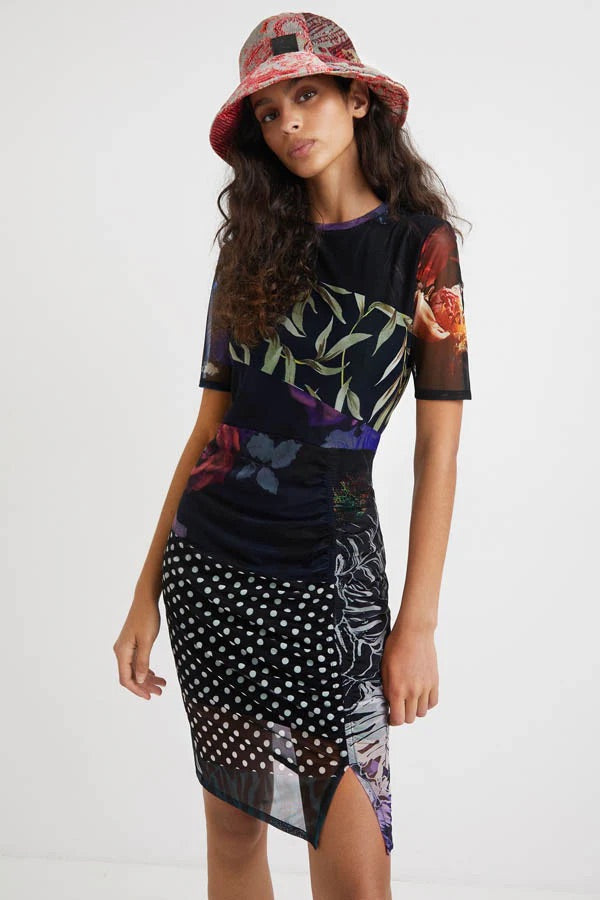 Desigual Amber Patchwork Mesh Minikleid – Schwarz Mehrfarbig