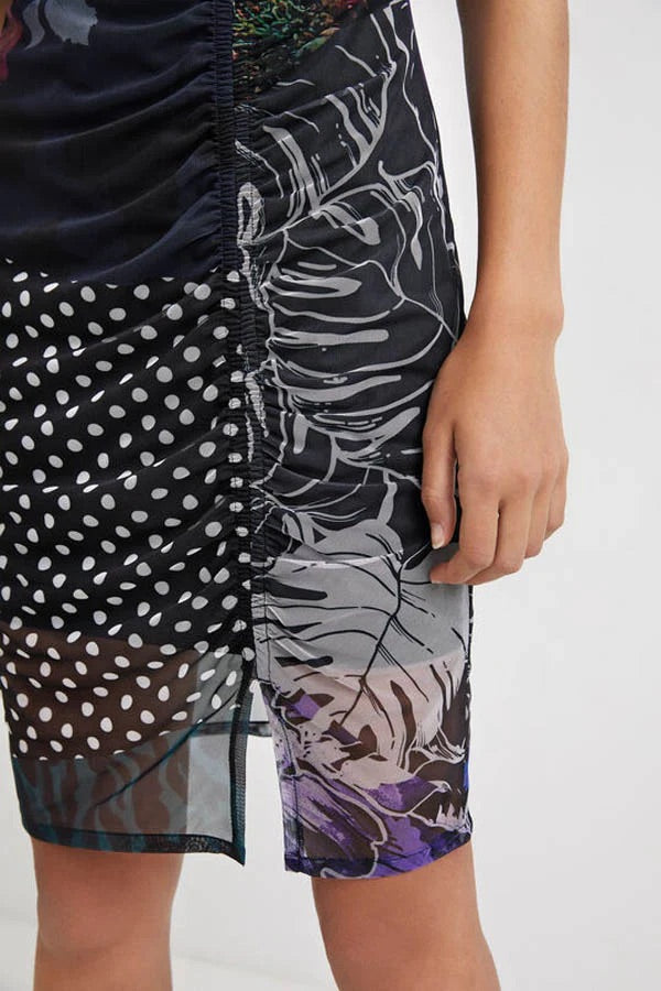 Desigual Amber Patchwork Mesh Minikleid – Schwarz Mehrfarbig