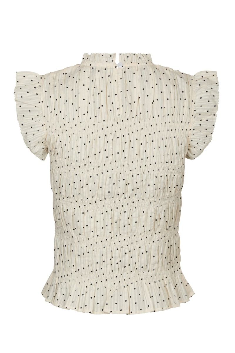 Neo Noir Tarsi Dot Cream Smocked Ruffle Sleeve Top – Hochgeschlossenes Schößchen-Oberteil | Damen