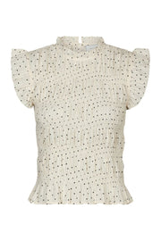 Neo Noir Tarsi Dot Cream Smocked Ruffle Sleeve Top – Hochgeschlossenes Schößchen-Oberteil