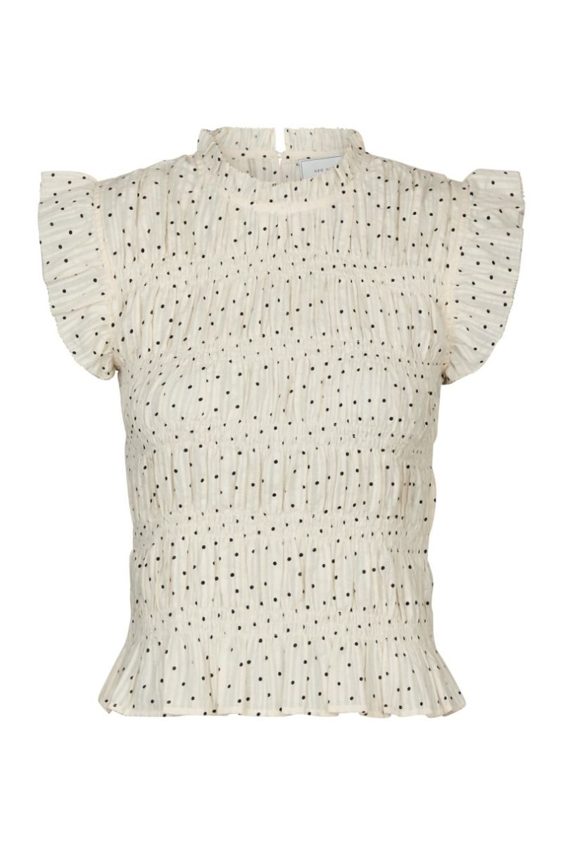 Neo Noir Tarsi Dot Cream Smocked Ruffle Sleeve Top – Hochgeschlossenes Schößchen-Oberteil | Damen