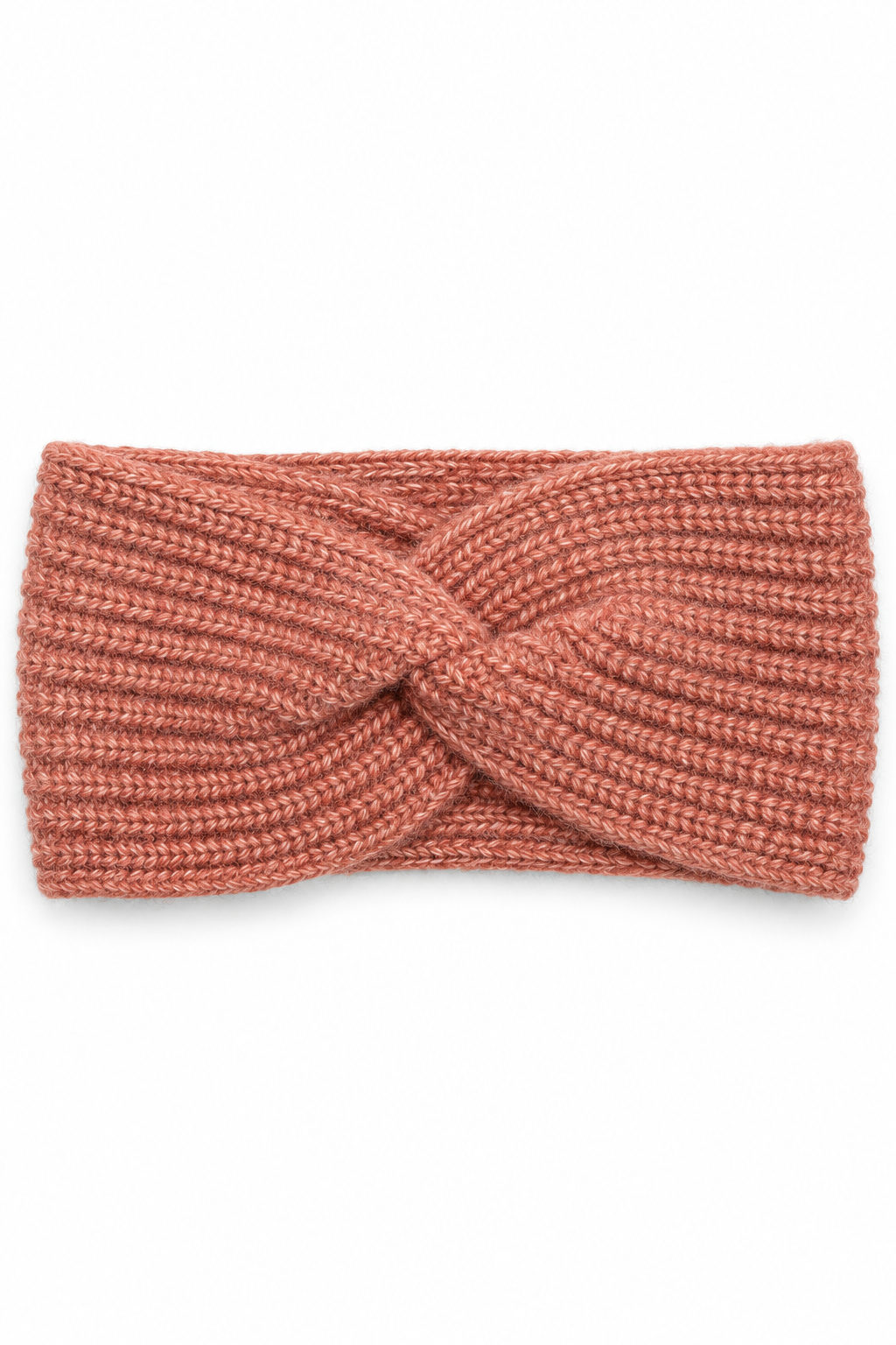 Salmon-orange melange s.Oliver women’s knitted headband with a twist front and textured knit on a white background.
