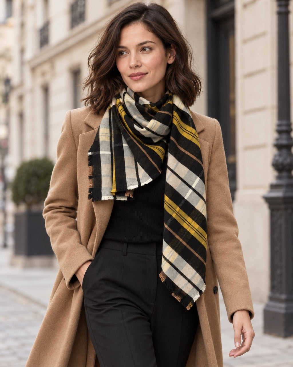 Model wearing an s.Oliver black and mustard checked scarf with a camel coat and black outfit on a city street.