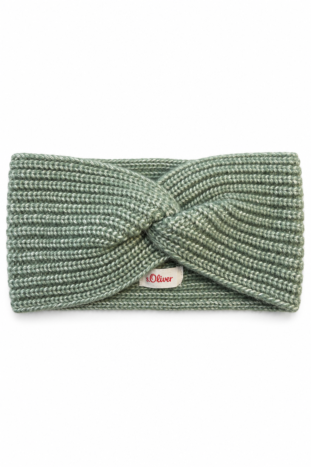 Green melange s.Oliver women’s knitted headband with a twist front and visible brand label on a white background.