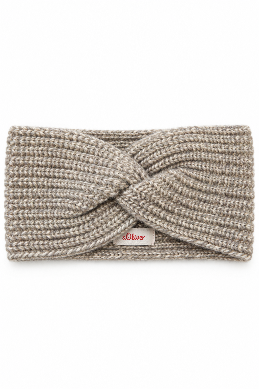 Grey-beige melange s.Oliver women’s knitted headband with a twist front and visible brand label on a white background.