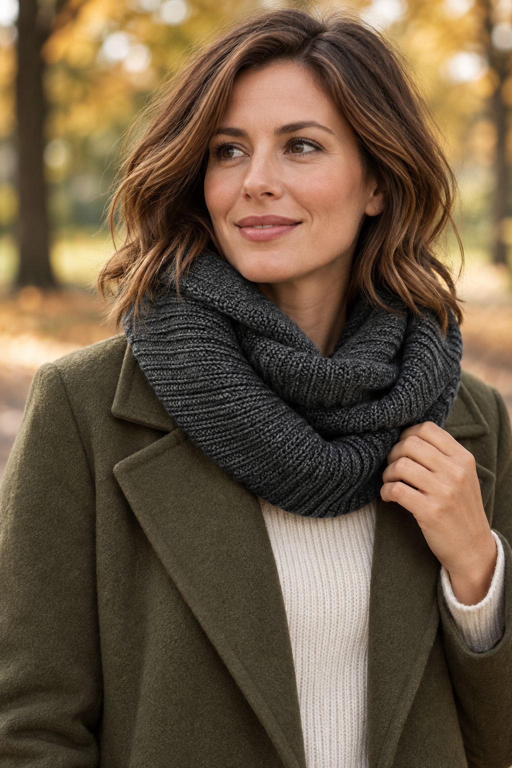 Model wearing an s.Oliver charcoal grey knitted snood with an olive coat in an autumn park