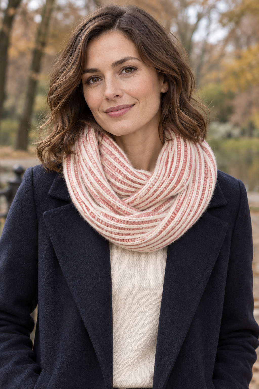 Model wearing the s.Oliver pink and cream knitted snood with a navy coat in an autumn park.