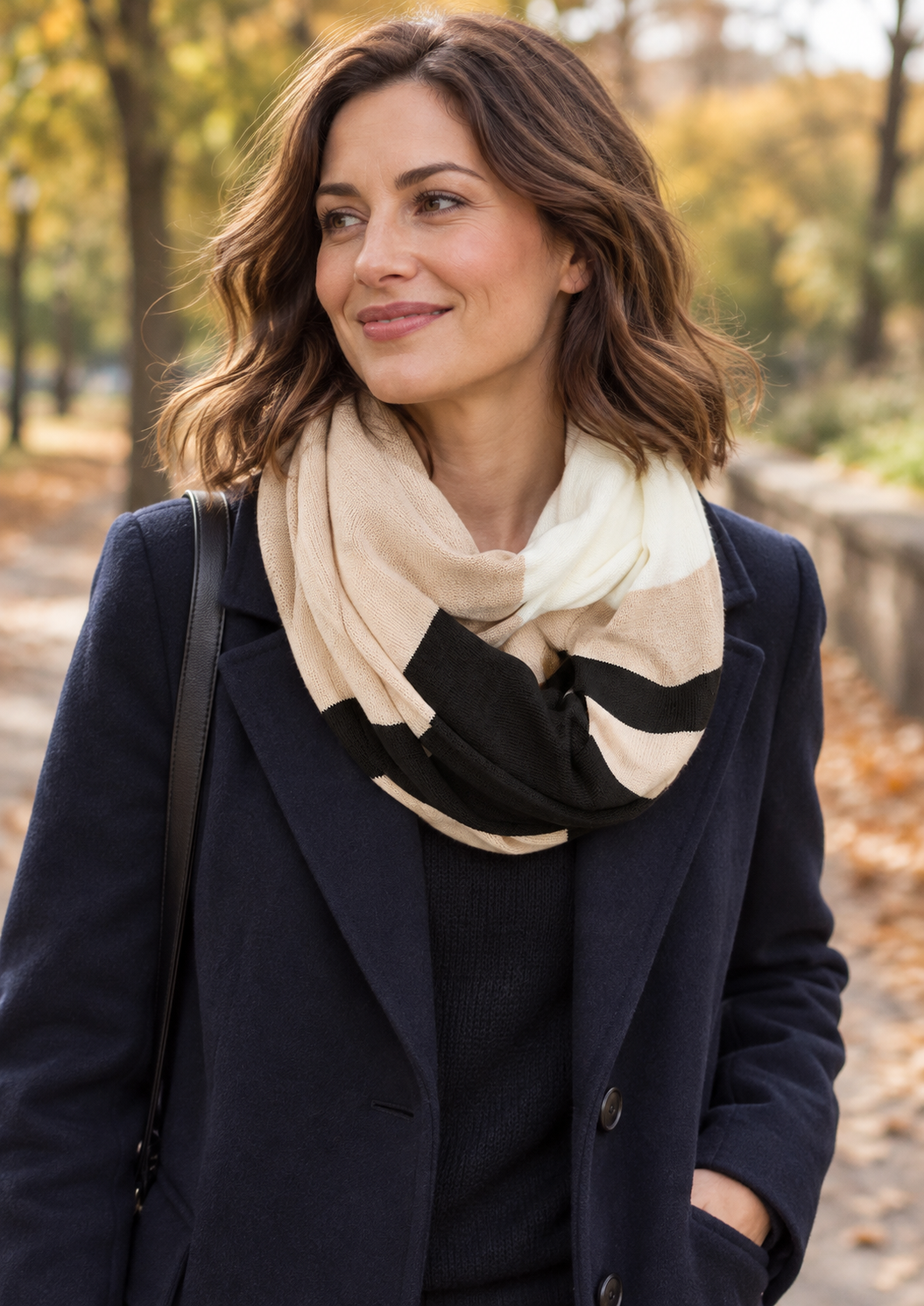Model wearing the striped s.Oliver loop scarf with a navy coat in a park