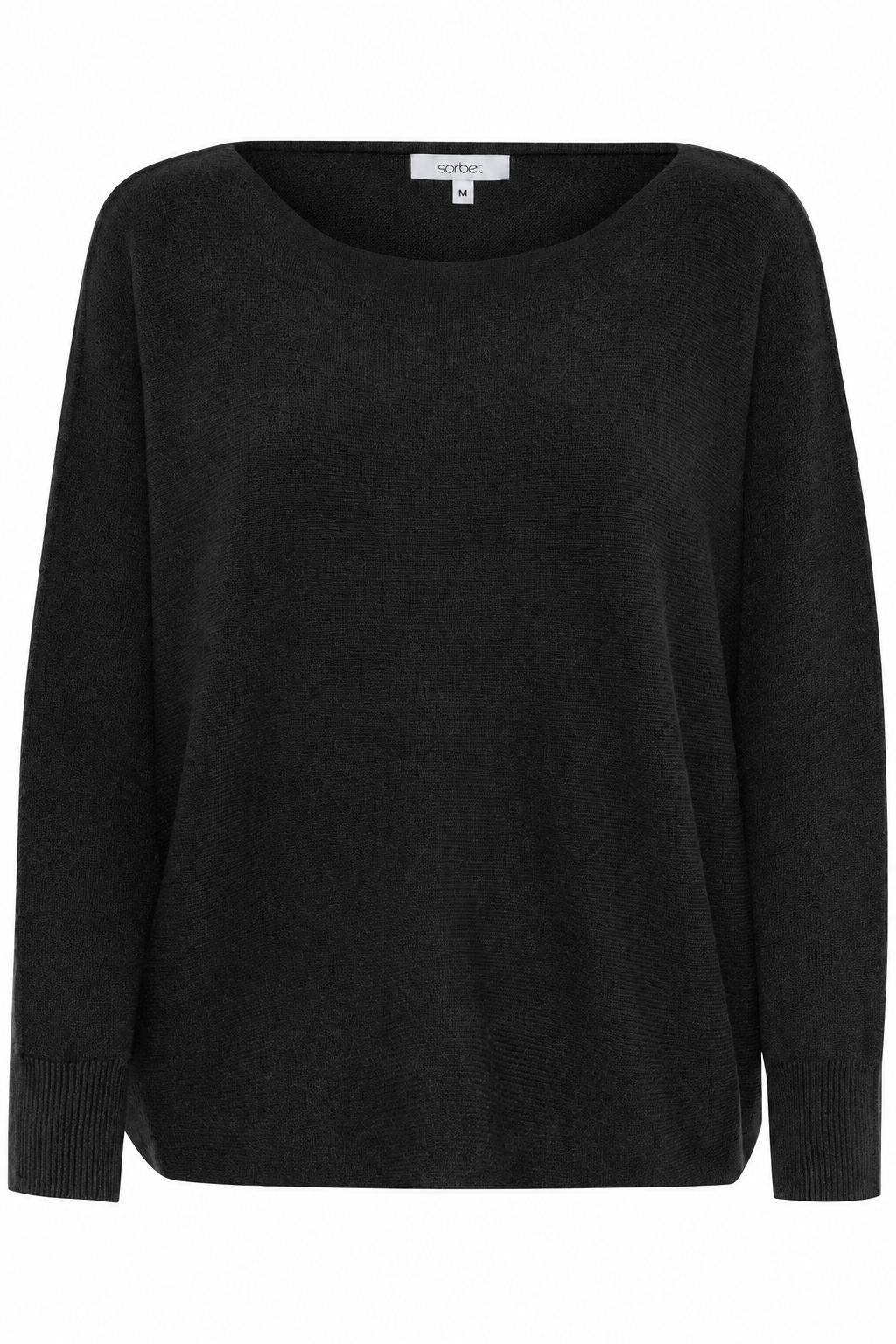 Front product view of the Sorbet Basil black knit jumper with a round neckline and ribbed cuffs