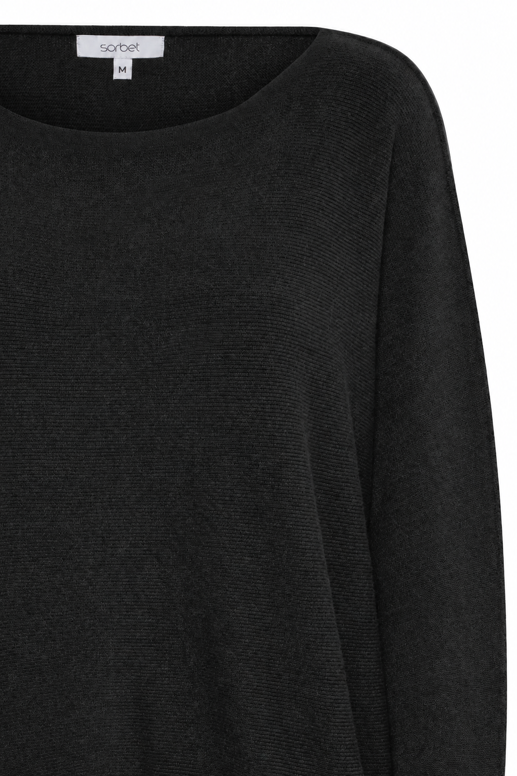 Close-up of the Sorbet Basil black knit jumper showing the round neckline, shoulder seam and knitted texture