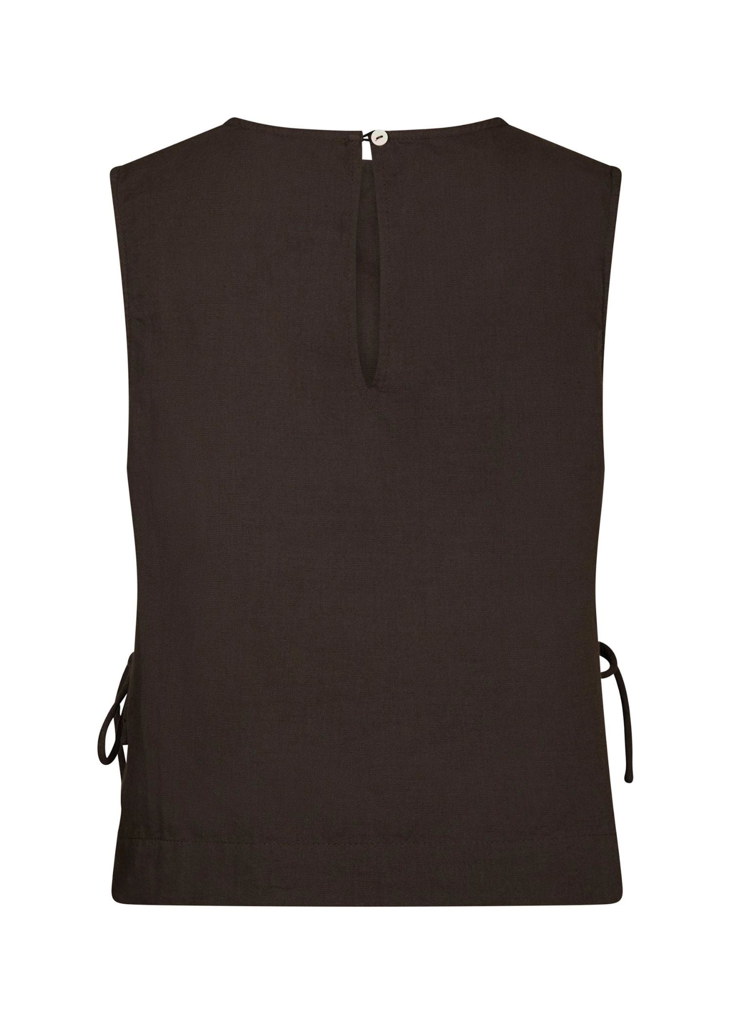 Neo Noir Svetlana Dark Brown Leinen Crop Top – Seitlich gebunden, Rundhals, ärmellos | Damen