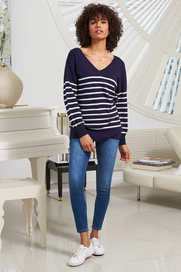 b.young Marineblau & Weiß gestreifter V-Pullover